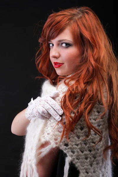 Lovely redhead - white glove warm scarf Young beautiful red hair — Stock Photo, Image