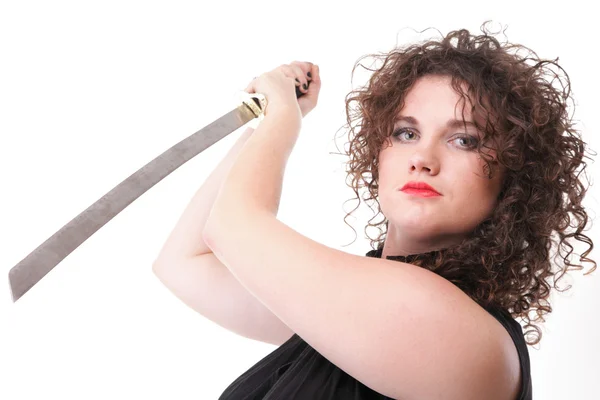 Portrait curly woman curly girl and sword — Stock Photo, Image