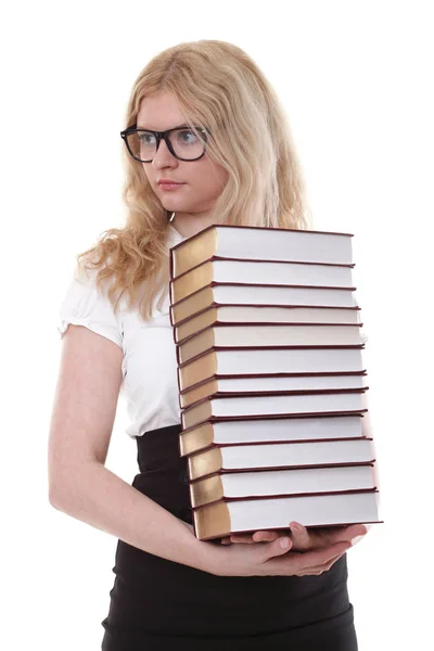 Mooie jonge vrouw met boeken witte achtergrond — Stockfoto