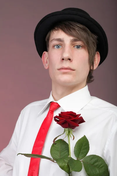 Portrait young man and rose enamoured love — Stock Photo, Image