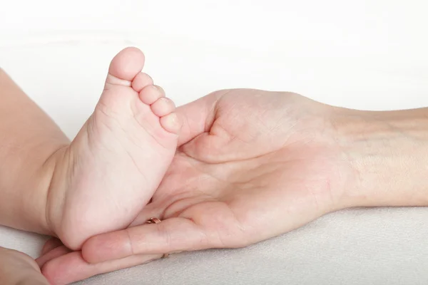 Pied bébé entre les mains de la mère — Photo