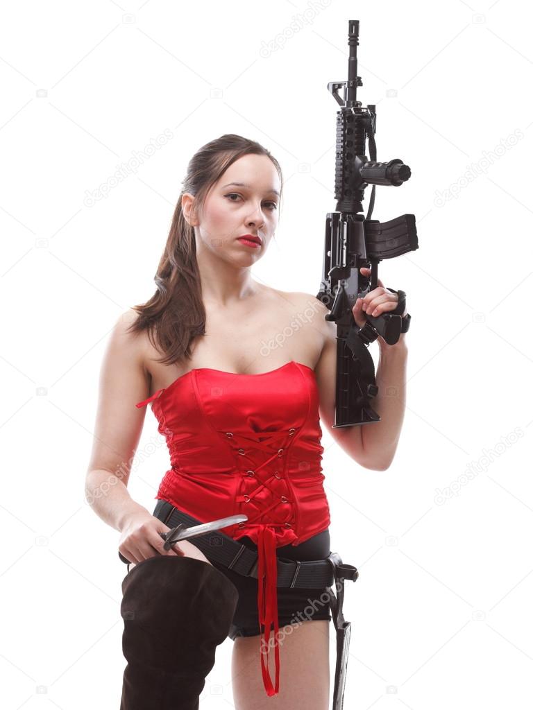 Girl holding Rifle islated on white background