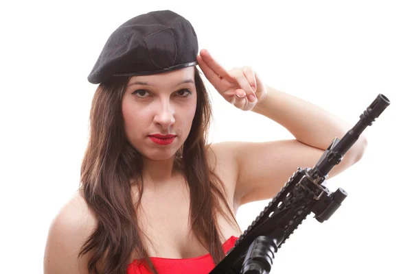 Girl holding Rifle islated on white background — Stock Photo, Image