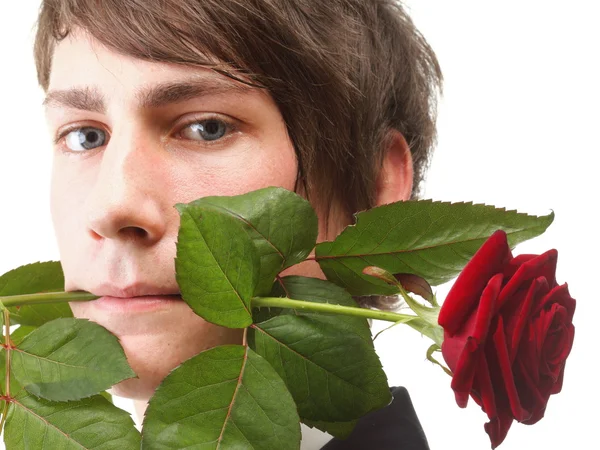 Young man, flower, red rose isolated — Stock Photo, Image