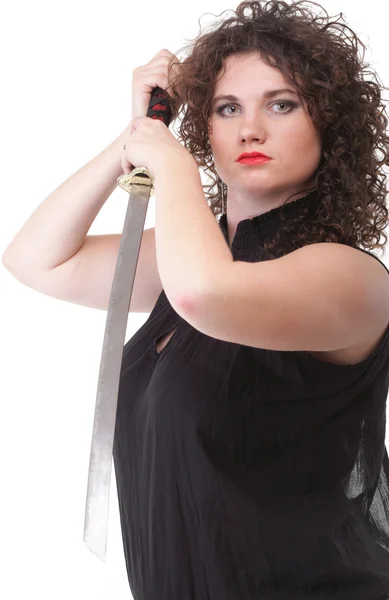 Porträtt lockigt kvinna curly girl och svärd — Stockfoto