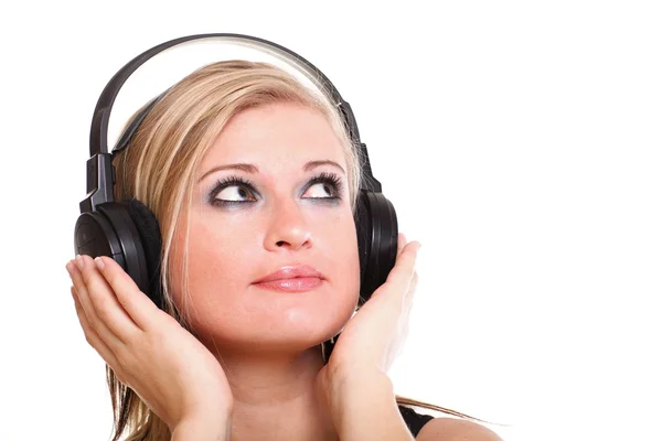 Woman with headphones listening to music isolated white backgrou — Stock Photo, Image