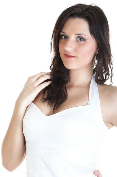 Portrait attractive young woman standing isolated white backgrou — Stock Photo, Image