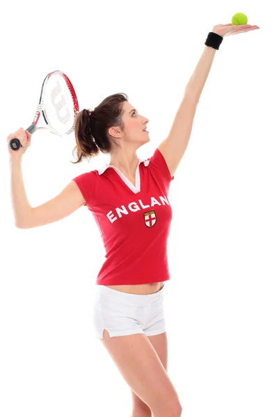 Studio na białym tle obraz z młodą kobietę z rakieta tenisowa — Zdjęcie stockowe