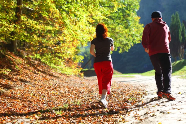 Mulher e homem caminhando pelo país trilha na floresta de outono — Fotografia de Stock
