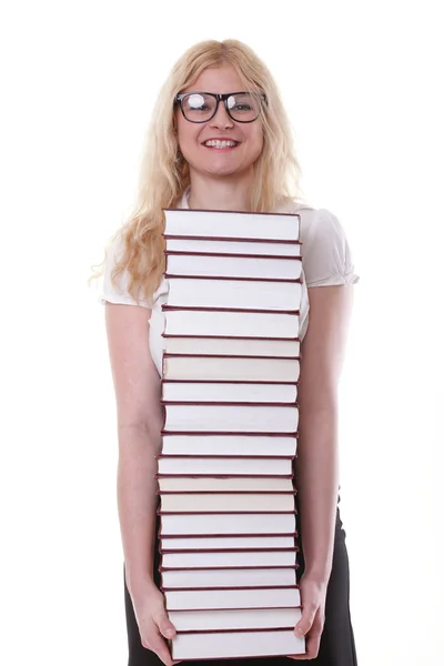 Beautiful young woman with books white background — Stock Photo, Image