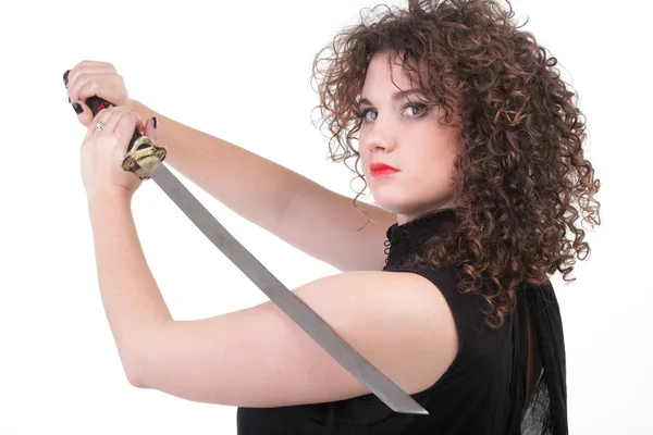 Portrait curly woman curly girl and sword — Stock Photo, Image