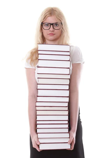 Hermosa joven con libros de fondo blanco — Foto de Stock