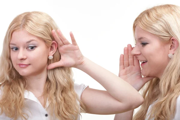Society gossip - two happy young girlfriends talking white backg — Stock Photo, Image