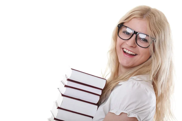 Όμορφη νεαρή γυναίκα με βιβλία λευκό φόντο — Φωτογραφία Αρχείου