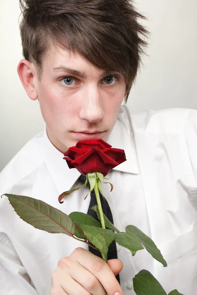 Portrait young man and rose enamoured love — Stock Photo, Image