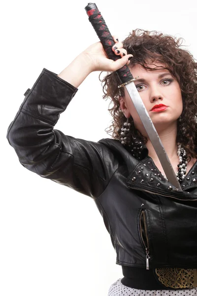 Curly woman curly girl and sword — Stock Photo, Image