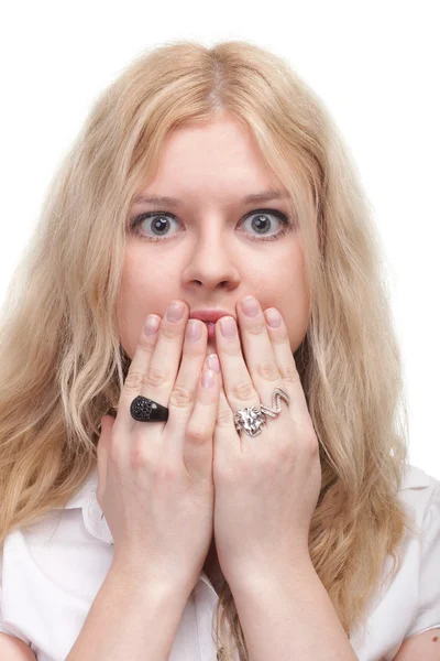 Pretty woman with hands over mouth — Stock Photo, Image