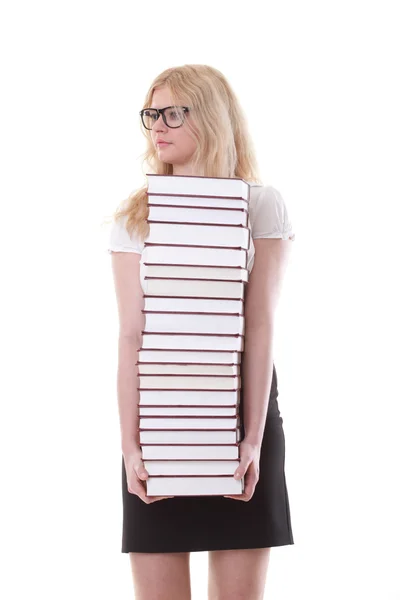 Beautiful young woman with books white background — Stock Photo, Image