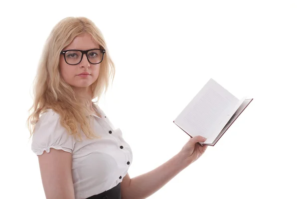 Schöne junge Frau mit Büchern weißen Hintergrund — Stockfoto