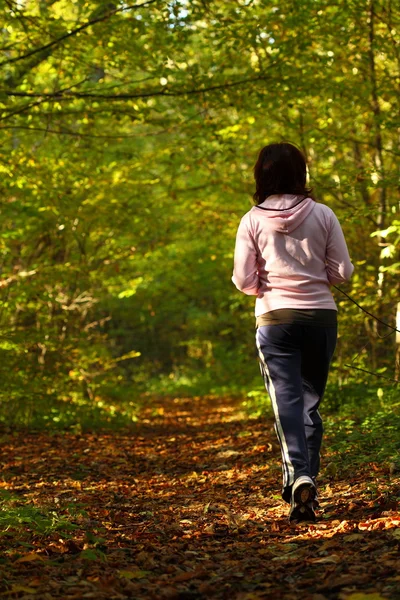 交叉郊游径在秋天的森林中散步的女人 — 图库照片