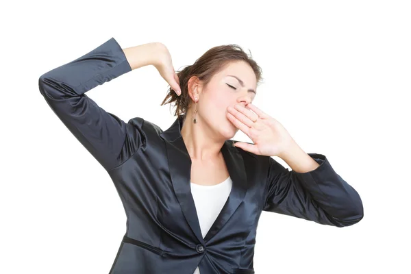 Sleepy business woman yawning and stretching, isolated — Stock Photo, Image