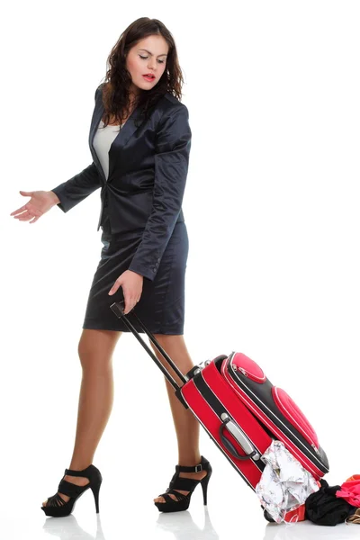 Full length young business woman to late red travel bagd — Stock Photo, Image