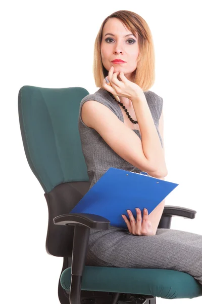 Young business woman sitting with her clipboard isolated Stock Image
