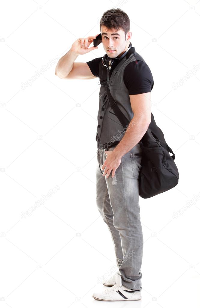 Full length portrait school boy talking phone