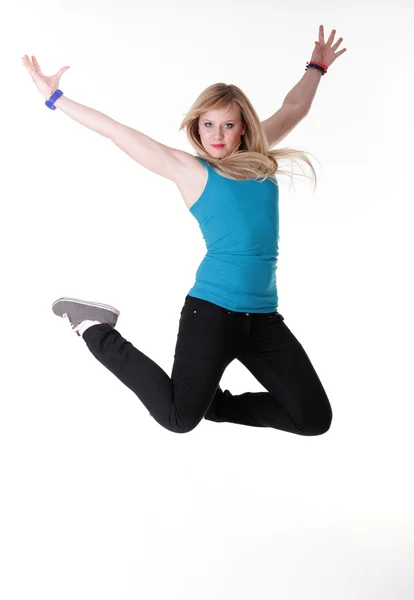 Young female Happy woman jumping with arms up isolated — Stock Photo, Image