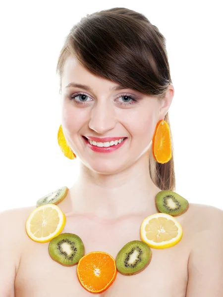 Healthy lifestyle - Young woman with fruits isolated — Stock Photo, Image