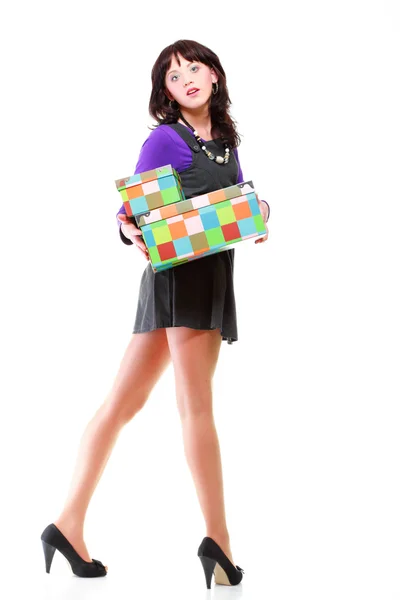 Woman carrying moving boxesYoung woman box isolated — Stock Photo, Image