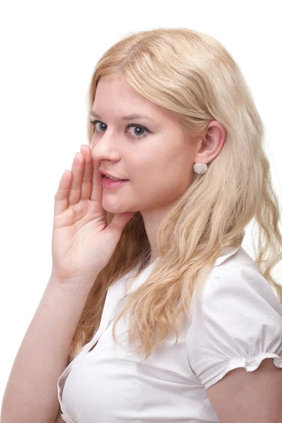 Woman eavesdropping with hand behind her ear — Stock Photo, Image