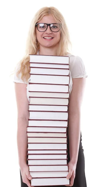 Mooie jonge vrouw met boeken witte achtergrond — Stockfoto