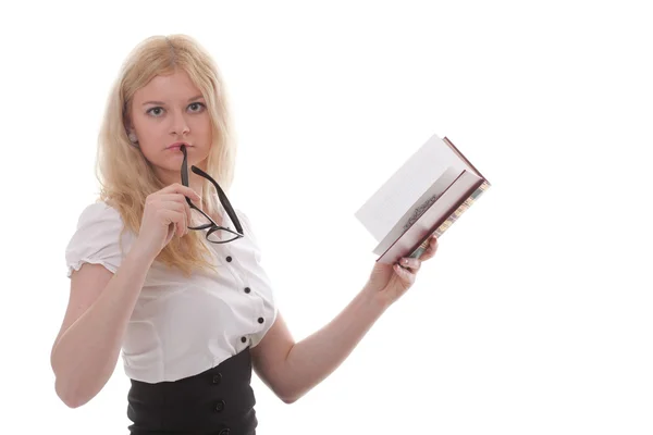 Mooie jonge vrouw met boeken witte achtergrond — Stockfoto