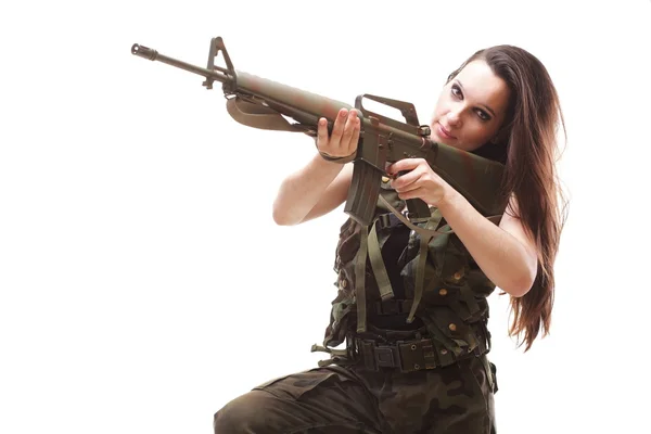 Hadsereg nő gun - gyönyörű nő puska műanyag — Stock Fotó