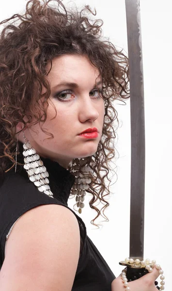 Portrait curly woman curly girl and sword — Stock Photo, Image