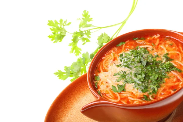 Sopa de tomate, perejil aislado fondo blanco — Foto de Stock