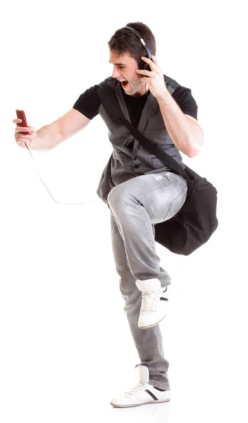 Full length portrait school boy phone isolated — Stock Photo, Image