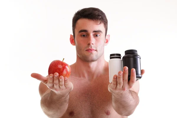 Vitamin oder Pillen ziehen Tablettenboxen Ergänzungen Mann isoliert — Stockfoto