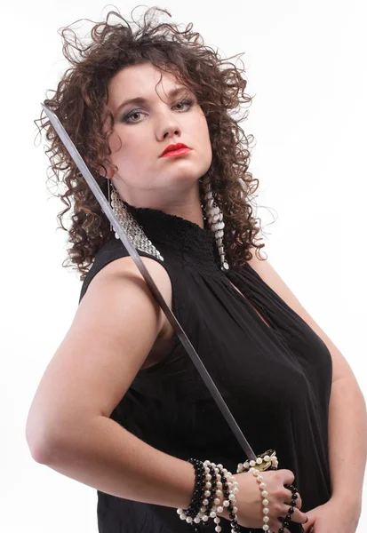 Portrait curly woman curly girl and sword — Stock Photo, Image