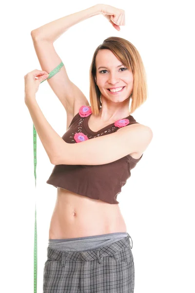 Fitness woman jumping excited isolated female smiling showing mu — Stock Photo, Image