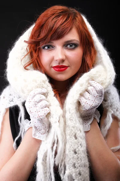 Lovely redhead - white glove warm scarf Young beautiful red hair — Stock Photo, Image