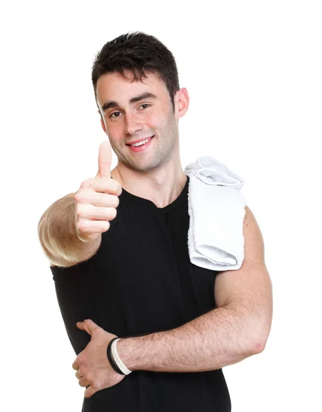 Healthy happy young man thumb up towel isolated — Stock Photo, Image