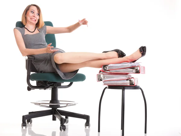 Woman work stoppage businesswoman relaxing legs up plenty of doc — Stock Photo, Image