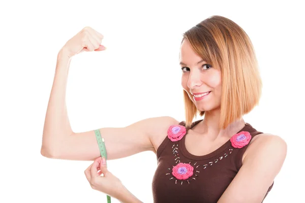 Fitness woman jumping excited isolated female smiling showing mu — Stock Photo, Image