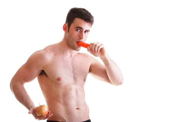 Jabłko marchew dieta, wielkie ciało mężczyzna na białym tle — Zdjęcie stockowe