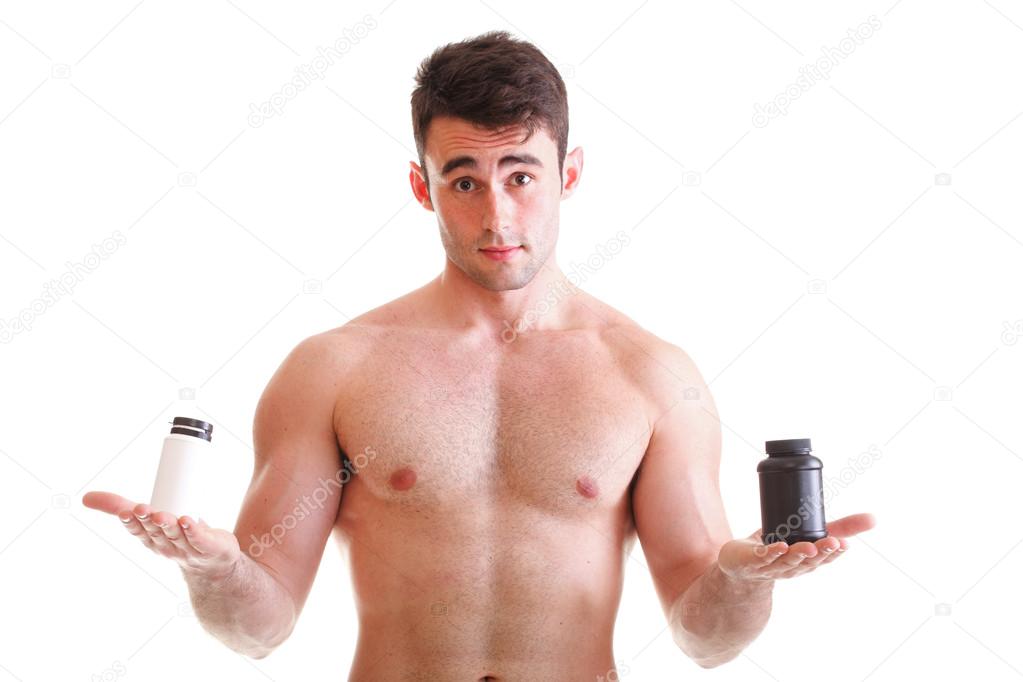 holding a boxes with supplements on his biceps