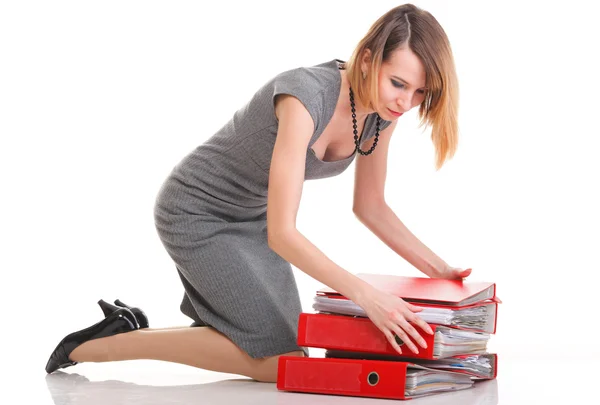 Lavoro femminile Donna d'affari oberata di lavoro molti documenti isolati — Foto Stock