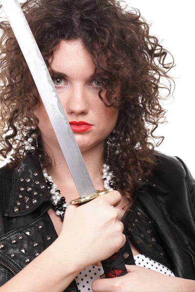 Kudrnaté ženy kudrnatá dívka a meč — Stock fotografie