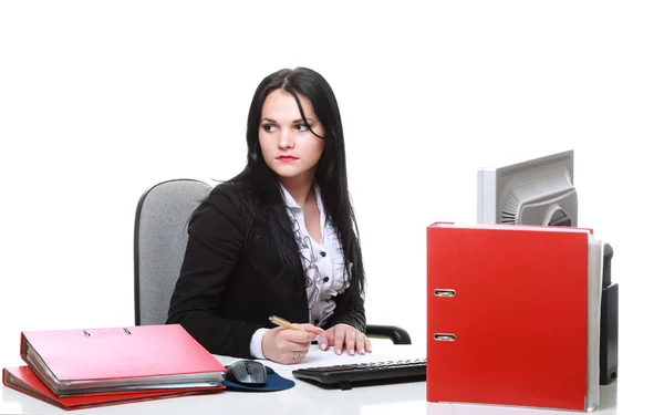 Mulher de negócios moderno sentado na mesa de escritório — Fotografia de Stock